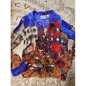 100% Silk Chico's Design Vintage Mediterranean Cafe Scene Button Shirt Size 0